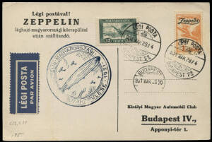 Zeppelin Group with 28 Mar.1931 (Si.102.Aa) Budapest - Budapest flown postcard, franked 1.12p incl. 1p Zeppelin, plus flight cachet, (Si.102.Ab) Budapest - Budapest flown cover, franking incl. 2p Zeppelin and (Si.103c) Budapest - Friedrichshafen and retur