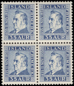 1935 (Mi.183-86,Sc.195-98) Matthias Jochumsson, complete set in blks of 4**. Cat.US$420.