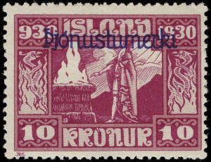 1930 (Mi.44-59,Sc.053-O67,CO1) 3a - 10k, 1000 Years Icelandic Parliament, o'pt in red or blue. Cat.2000,- (for **).