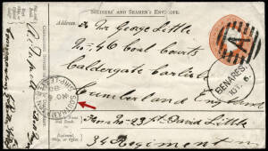 1880 (Oct.6) Soldiers' and Seamen's 9p red-orange envelope with 'BENARES - A' duplex, to England with 'Southampton Ship - Letter' cds. Reverse with Bombay transit & Carlisle arrival. Faults due to opening. A scarce soldier's cover. Ex Sattin.