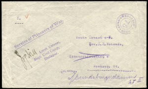 c/- 1917 a POW cover to Hamburg from a civil internee with violet handstamp "Service of Prisioners of War / signed Lieut. Colonel, / Supt. Civil Camp, / Sholapur." and violet "PASSED CENSOR / BOMBAY / 75". Fine and RARE.