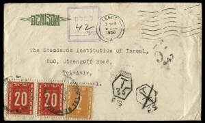 June 1950 stampless cover from Leeds, G.B. with 42pr 2nd Dues affixed on arrival at Tel Aviv; also, May 1950 short-paid postcard from Switzerland to Tel Aviv, with 20pr Due affixed.