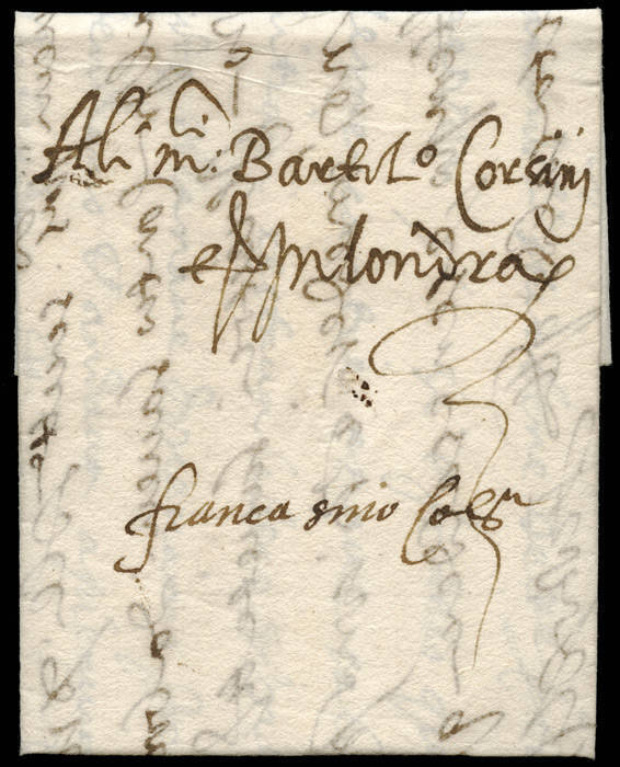 1591 (March) entire letter from merchants Jacomo and Palcido Ragazzoni, based in Venice, to Bartolomeo Corsini in London. The letter is endorsed "Franca Sino Cologne" in a second hand indicating postage is paid to Cologne. The letter, in Italian, is endor