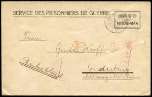 1919 Ninoshima Camp POW envelope, from Rud. Haberhauff to Sonderburg/Slesvig, (reverted to Denmark 1920) tied with "Ninoshima 8.9.20" (Sept. 20, 1919) cds, with two censor h/stamps "Maeyama" & "Takada", oval "KEZ" and framed "to Germany".