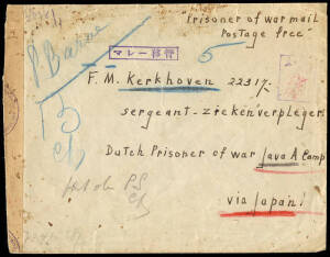 c/- 1943 inward POW cover from Purmerend, Netherlands to "Java A Camp" with German censor tape, violet boxed h/stamp in Japanese "relocated to Malay", annotated in blue "P(akan) Bahroe" and violet Japanese censor mark with a red name at top R. Unusual.