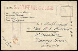 1944 (Oct.22) POW postal card Hakodate - England h/stamped in red "Sce DES PRISONNIERS DE GUERRE", with Japanese censor and seal at L/ and British censor top R. Fine.