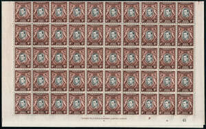 1938-54 (SG.131ab, 131ad, 131ae) 1c black & red-brown KGVI, complete sheet with imprint & Plate numbers, R5/5 shows the variety "A" of "CA" missing from watermark, R9/6 "Retouched value tablet" and R2/5 "Break in bird's breast" (early stage). Very fine & 