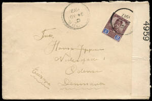 1917 (Aug.24) usage of 8c dull purple & blue, tied on a cover via Singapore to Denmark, censored with a white adhesive label "OPENED BY CENSOR., 4959". fINE.