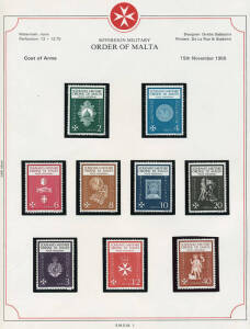 1966-89 Sovereign Military Order of Malta collection on hingeless pages, complete incl. Express Post & postage dues (ex Oct.1986 minature sheet). Plus an envelope of 1990 issues. Fine and fresh, high potential resell value.