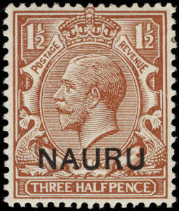 1916-23 (SG.3 variety) 1½d Red-Brown KGV with variety "Short left stroke to N" in overprint. Cat.£175.