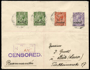 1918 (Oct.23) registered cover to Switzerland, franked 5d (½d x2, 1d + 3d), tied by "PO PLEASANT ISLAND - NAURU" cds, with violet "CENSORED" h/stamp. B/stamps incl. Melbourne & London transits and Basel arrival.