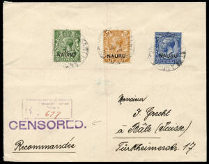 1918 (Oct.23) registered cover to Switzerland, franked 5d (½d, 2d + 2½d), tied by "PO PLEASANT ISLAND - NAURU" cds, with violet "CENSORED" h/stamp. B/stamps incl. Melbourne & London transits and Basel arrival.