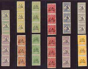 NWPI group with 12 vertical A, B, C strips to 4d, majority MNG. Group of MNG singles 2d (4), 6d (5) and 2/- (1). 13 used singles to 5/- and a 1d red 'Roo, punct. OS with part straight line Herbertshohe cancel.