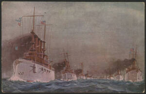 Australia: 1908 American Fleet Visit ‘Pres Roosevelt, Earl of Dudley, Admiral Sperry’ portraits on back of postcard (Semco series) showing US Great White Fleet Ships steaming in formation, unused, minor corner marks.