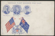 Australia: 1908 American Fleet Visit ‘Pres Roosevelt, Earl of Dudley, Admiral Sperry’ portraits on back of postcard (Semco series) showing US Great White Fleet Ships steaming in formation, unused, minor corner marks. - 2