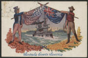 Australia: 1908 American Fleet Visit ‘Australian Greets America’ postcard (published by Robert Jolley) showing US Battleship surrounded by US & Australian Flags held by ‘Uncle Sam’ & Australian Squatter, sent to Tasmania with message including “…things ar