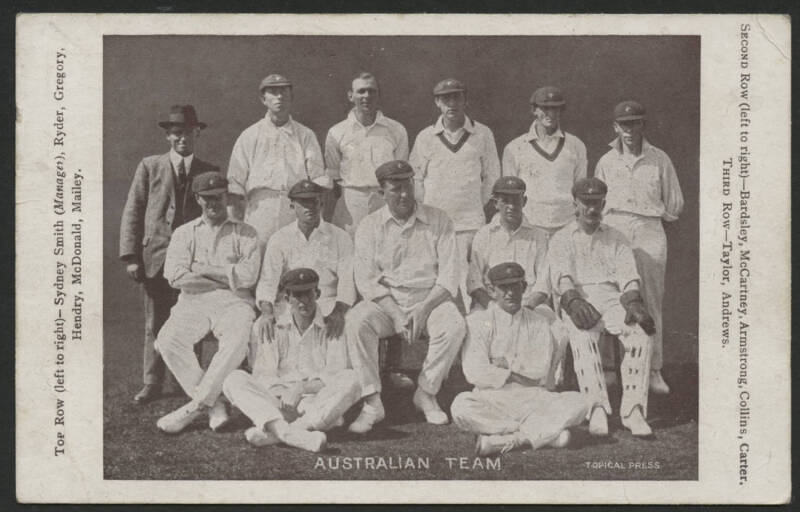 Australia: 1921 'Australia Team' Cricketers postcard (published by Topical Press) showing the team to tour England dressed in whites & baggy greens comprising Warwick Armstrong (captain), Ryder, Gregory, Hendry, McDonald, Mailey, Bardsley, McCartney, Coll