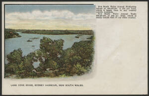 NSW: Government Tourist Bureau postcard with sepia view of ‘North Coast Dairy’ on address side and colour view of ‘Lane Cove River, Sydney Harbour’ with Ferries & ‘Annual Trade’ figures on face, unused, couple of very minor blemishes.