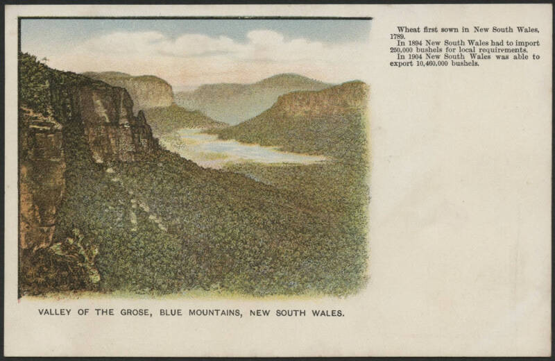 NSW: Government Tourist Bureau postcard with sepia view of ‘Bridge Over Richmond River At Lismore’ on address side and colour view of ‘Valley of the Grose, Blue Mountains’ & ‘Wheat Export’ figures on face, unused, couple of very minor blemishes.