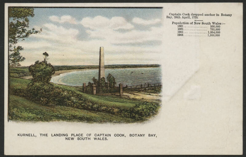 NSW: Government Tourist Bureau postcard with sepia view of ‘Broken Hill Silver Mines’ on address side and colour view of ‘Kurnell, The Landing Place of Captain Cook, Botany Bay’ & population details on face, unused, couple of very minor blemishes.