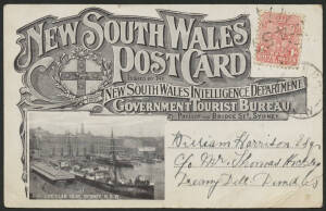 NSW: Government Tourist Bureau postcard with sepia view of ‘Circular Quay, Sydney’ on address side and colour view of ‘Lane Cove River, Sydney Harbour’ with Ferries & ‘Annual Trade’ figures on face, sent locally with Arms 1d tied numeral-in-rays ‘457’ and