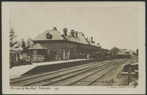 NSW: Armidale: ‘Arrival of the Mail, Armidale’ real photo postcard (published by B. Weaver, Chemist, Armidale) showing Steam Locomotive & Passenger Mail Train pulling in to Armidale Railway Station Platform, unused, couple of minor blemishes.