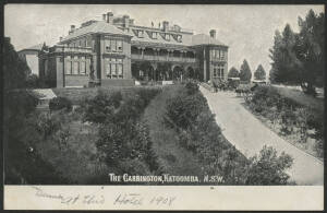 NSW: Katoomba: ‘The Carrington’ Hotel postcard showing main building & driveway with horse-drawn carriages endorsed “Dinner at this Hotel 1908” on face, unused, fine condition.