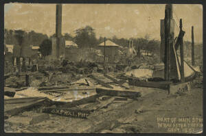 NSW: Murwillumbah: ‘Part of Main Street M’bah After The Fire Sept 16 07’ postcard (OM Proll photo) showing the business district destroyed by the 1907 fire with little remaining except for chimneys and corrugated iron, sent to Casino with Kangaroos ½d gre