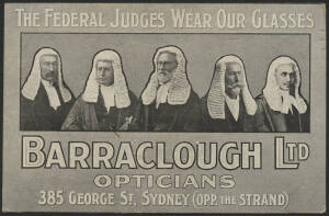 NSW: Sydney: 'Barraclough Ltd Opticians' advertising postcard 'The Federal Court Judges Wear Our Glasses' with image of bench of five judges in robes & wigs, unused, couple of minor blemishes.