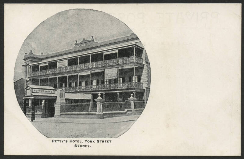 NSW: Sydney: ‘Petty’s Hotel, York Street’ postcard (undivided back) with vignette view of the three-storey building and portico on the street, unused, fine condition.