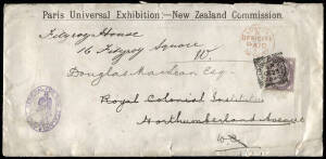 1889 (Oct.22) "Paris Universal Exhibition: - New Zealand Commission." printed envelope with AGENT GENERAL FOR NEW ZEALAND cachet at left, bearing GB 1d Violet from CHARING CROSS for LONDON delivery to eminent Hawke's Bay Pastoralist, lawyer, patriot and b