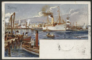 NSW: Sydney: Shipping in Sydney Harbour painting postcard (Orbis No1; undivided back) with printed ‘Willy Gown’ signature & Waratah on address side (in imitation of NSW stationery) sent to Germany with QV ½d green & 1d Arms tied Sydney ‘FE18/01’ duplex, c