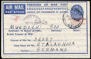 1944 (Oct.30) (H&G.FG5) POW 1/- Airmail Letter Sheet, reduced rate with 6d h/stamp, Hawera - Germany, with "Stalag VIII" censormark. Very fine and fresh.