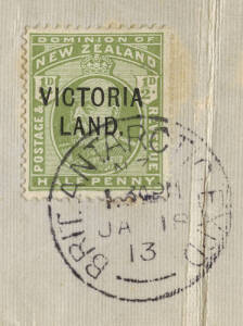 1911-13 (SG.A2) ½d green KEVII o'ptd "VICTORIA LAND." on a piece tied with "BRIT. ANTARCTIC EXPD / JA 18 13" cds. Plus a piece with S. Y. AURORA cancel (faults). Cat. SG £800.