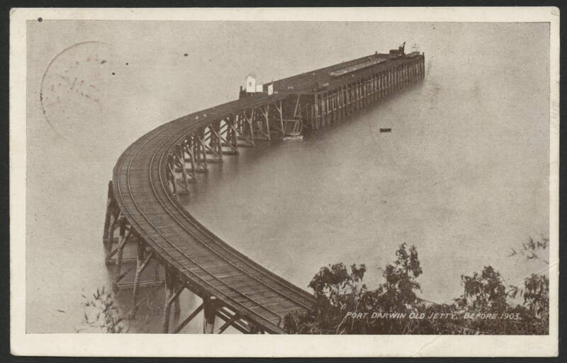 Northern Territory: Darwin: ‘Port Darwin Old Jetty Before 1903’ postcard showing Railway Tracks leading out onto Jetty, Railway Wagons & Derricks sent to Morgan, SA with South Australia QV 1d red tied ‘DARWIN NT/-9DE11/STH AUST cds (rated R), light corner