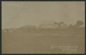 Northern Territory: Pine Creek: ‘German Lutheran Buildings, Pine Creek’ real photo postcard with view of the Mission Station and Cemetery, Horses & Carts in foreground, sent to Greenock, SA with South Australia QV 1d red tied 'LAURA/AU9/07SA' squared circ