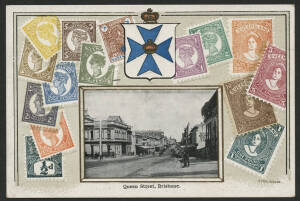 Queensland: Brisbane: ‘Queen Street, Brisbane’ postcard (published by OS&PC Sydney, VSM Melbourne) with vignette view of buildings & storefronts surrounded by Zieher-type embossed Queensland stamps, unused , fine condition.