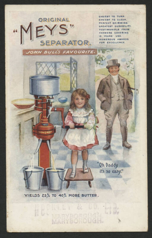 Queensland: Maryborough: ‘Original Meys Separator John Bull’s Favorite’ advertising postcard with colour illustration of Girl Turning Handle ‘Oh Daddy it’s so easy’ sent to Gympie with local agent ‘Hockley & Co, Maryborough’ cachet on face and QV 1d orang