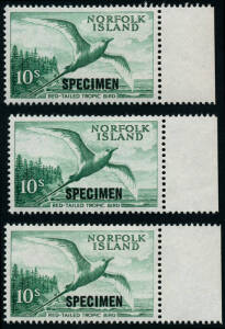 1947-62 (SG.1-12 & 6a) ½d to 2/- Ball Bay set + 3d green (white paper) in top marginal strips of 10. Plus (SG.36s) 10/- Bird "SPECIMEN", right marginal singles x 3. All fine MUH.