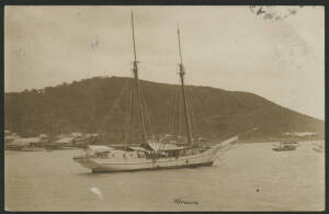 Queensland: Thursday Island: ‘Tarawa’ real photo postcard (Empire back) showing the sailing ship ‘Tarawa’ moored in Thursday Island harbour sent to Sydney endorsed from sailor on board "SS Yawata Maru" cargo ship with QV 1d orange tied ‘THURSDAY ISLAND/OC