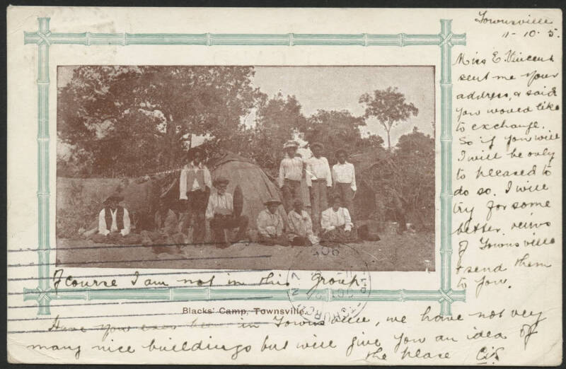 Queensland: Townsville: ‘Blacks’ Camp, Townsville’ postcard (undivided back) with Aborigines & Humpies, sent to New Zealand with QV 1d orange tied ‘TOWNSVILLE/OC12/05/QUEENSLAND-570’ duplex cancel and ‘NZ/GREYMOUTH/28OC05’ arrival d/s, extensive message w