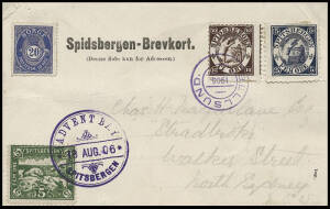 1906 (Aug.18) Spidsbergen postcard to Australia; with Spidsbergen Local Post 5ore blue, 5ore green, 10ore brown + 20ore Posthorn; the 10ore tied by violet "BELLSUND" cds; the 5ore green tied by violet "ADVENT BAY" cds.