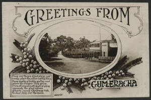 Sth Aust: Gumeracha: ‘Greetings from Gumeracha’ real photo postcard (published by GB & Co) showing vignette view of the District Hotel and road, sent to Malvern with QV 1d red tied ‘GUMERACHA/DE23/08/S.A’ squared circle, fine condition.