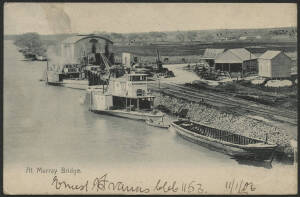 Sth Aust: Murray Bridge: ‘At Murray Bridge’ postcard showing Paddle Steamer ‘Murrumbidgee’ moored on Murray River in front of another paddle steamer, railway tracks and locomotive shed, sent to Germany with QV 1d red tied ‘PORT PIRIE/JA17/06/S.A’ squared 