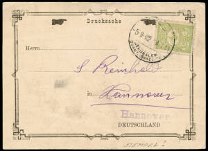 1902 (Sept.5) bi-lingual (Hebrew & German) postcard, Jerusalem - Germany, franked Turkey 10 para green as printed matter, tied with "JERUSALEM QUART, ISRAELITE" cds. The reverse reads in part "DAS NEUE HAUS FÜR GREISE". An attractive card.