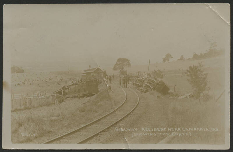 Tasmania: Campania: ‘Railway Accident near Campania (Showing The Curve)’ real photo card (H. H. Baily, Photographer, Hobart) showing the aftermath with upturned Locomotive and Passenger Cars being inspected, used under cover with message on back, couple o