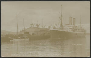 Tasmania: Hobart: ‘Ocean Pier, Hobart, Length 1210 Feet Depth of Water 62 Ft’ real photo card (H. H. Baily photo) with RMS ‘Orama’ Steamship berthed alongside, used under cover with message dated “15th June 1914” on back, fine condition.