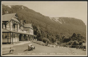 Tasmania: Mount Wellington: ‘Hotel, Mt Wellington near Hobart’ real photo card (D.I.C. photo W. Fellows) with Front Garden of Springs Hotel & snow-covered Mt Wellington in background, unused, minor adhesion on back only otherwise fine condition.