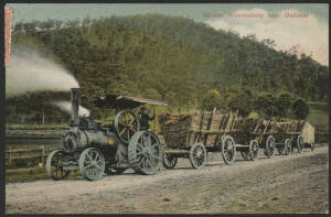 Victoria: Ballarat: ‘Mount Warrenheip near Ballarat’ postcard (WTP series) showing Steam Traction Engine pulling ‘Train’ of carts loaded with timber, used with QV 1d pink tied barred numeral ‘164’ of Mount Pleasant, fine condition.