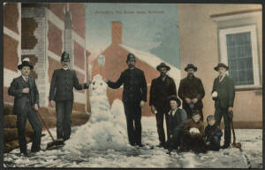 Victoria: Ballarat: ‘Arresting the Snow Man, Ballarat’ postcard (published by WTP) showing two Policemen in Unifirom and group of locals with a ‘Snowman’, snow-balls, shovel & broom, unused, fine condition.